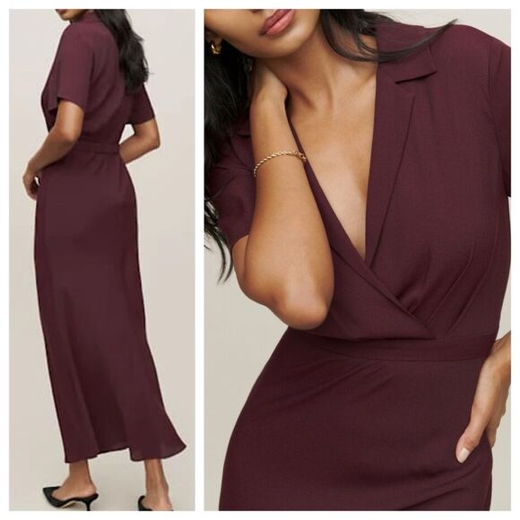 NEW Reformation Midi Dress Burgundy Red Short Sleeve V-neck Shirt Slip size S - Picture 1 of 11